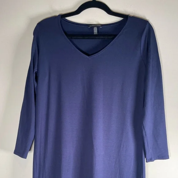 Eileen Fisher Viscose Blue V-Neck Pull Over Dress Sz XS Minimalist 3/4 Sleeves - Picture 3 of 9